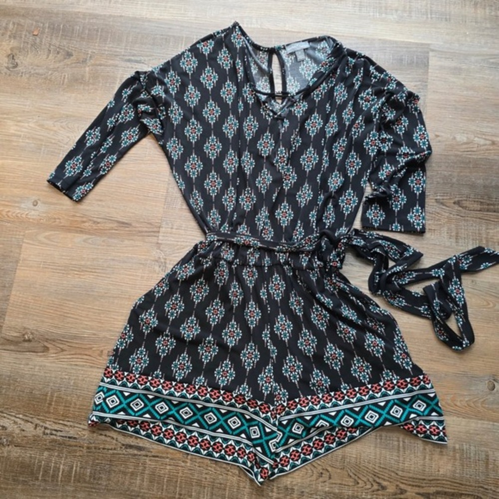Market & Spruce Womens Black‎ Geometric Tribal Lace Up Romper Small 3/4 Sleeve